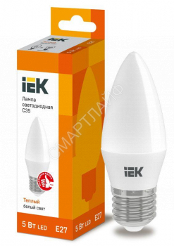 Лампа светодиодная C35 5Вт свеча 3000К тепл. бел. E27 450лм 230-240В IEK LLE-C35-5-230-30-E27 - smartlife-ural.ru – Екатеринбург