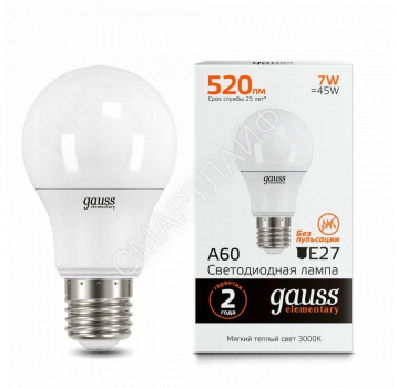 Лампа светодиодная Elementary 7Вт A60 грушевидная 3000К тепл. бел. E27 520лм GAUSS 23217A - smartlife-ural.ru – Екатеринбург