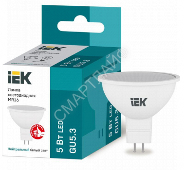 Лампа светодиодная 5Вт MR16 софит 4000К нейтр. бел. GU5.3 450лм 230-240В IEK LLE-MR16-5-230-40-GU5 - smartlife-ural.ru – Екатеринбург