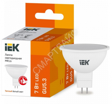 Лампа светодиодная Eco MR16 7Вт 3000К тепл. бел. GU5.3 630лм 230-240В IEK LLE-MR16-7-230-30-GU5 - smartlife-ural.ru – Екатеринбург