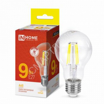 Лампа светодиодная LED-A60-deco 9Вт грушевидная прозрачная 3000К тепл. бел. E27 1040лм 230В IN HOME 4690612008066 - smartlife-ural.ru – Екатеринбург
