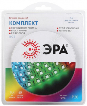 Комплект светодиодной ленты 5050kit-14.4-60-12-IP20-RGB разноцвет. 12В (в комплекте: LED лента на двустороннем скотче; источник питания; контроллер; пульт управления; коннекторы) (уп.5м) Эра Б0043067 - smartlife-ural.ru – Екатеринбург