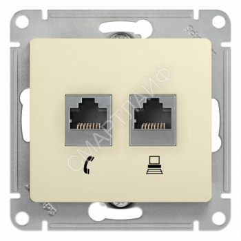 Розетка компьютерная + телефонная 2-м СП Glossa RJ45 + RJ11 кат.5E механизм беж. SE GSL000285 - smartlife-ural.ru – Екатеринбург