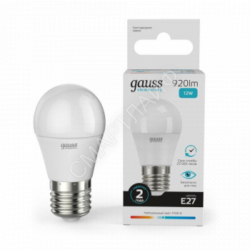 Лампа светодиодная Elementary 12Вт P45 шар 4100К нейтр. бел. E27 920лм GAUSS 53222 - smartlife-ural.ru – Екатеринбург