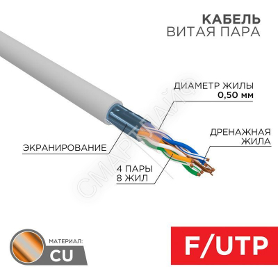 Кабель витая пара F/UTP кат.5E 4х2х24AWG solid CU PVC сер. (м) Rexant 01-0143 - Интернет-магазин СМАРТЛАЙФ