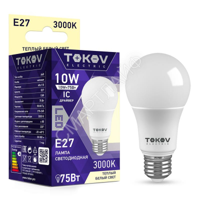 Лампа светодиодная 10Вт А60 3000К Е27 176-264В TOKOV ELECTRIC TKE-A60-E27-10-3K - Интернет-магазин СМАРТЛАЙФ