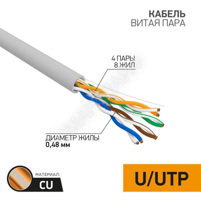 Кабель витая пара U/UTP кат.5E 4х2х24AWG медь сер. (м) PROCONNECT 01-0052 - Интернет-магазин СМАРТЛАЙФ