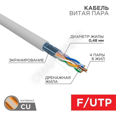 Кабель витая пара F/UTP кат.5E 4х2х24AWG медь сер. (м) PROCONNECT 01-0152 - Интернет-магазин СМАРТЛАЙФ