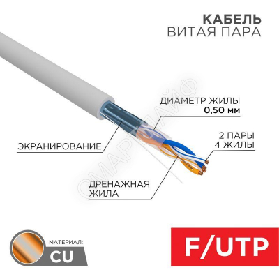 Кабель витая пара F/UTP кат.5E 2х2х24AWG solid CU PVC сер. (м) Rexant 01-0122 - Интернет-магазин СМАРТЛАЙФ