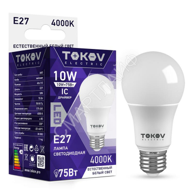 Лампа светодиодная 10Вт А60 4000К Е27 176-264В TOKOV ELECTRIC TKE-A60-E27-10-4K - Интернет-магазин СМАРТЛАЙФ