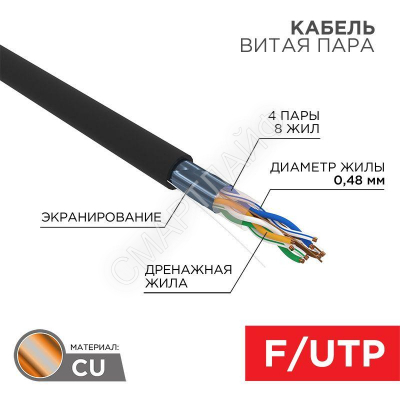 Кабель витая пара F/UTP кат.5E 4х2х24AWG медь наружн. прокл. черн. (м) PROCONNECT 01-0154 - Интернет-магазин СМАРТЛАЙФ