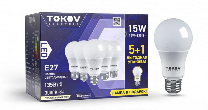 Набор ПРОМО лампа светодиодная 15Вт А60 3000К Е27 176-264В (Promo 5+1 шт) TOKOV ELECTRIC Promo-A60-E27-15-3K - Интернет-магазин СМАРТЛАЙФ