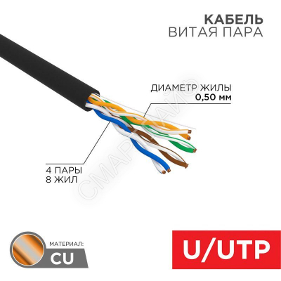 Кабель витая пара U/UTP кат.5E 4х2х24AWG solid CU PE Outdoor черн. (м) Rexant 01-0045 - Интернет-магазин СМАРТЛАЙФ