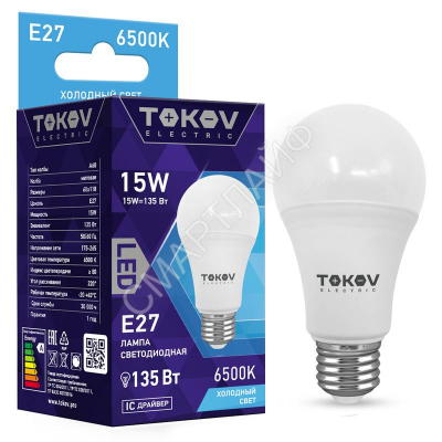 Лампа светодиодная 15Вт А60 6500К Е27 176-264В TOKOV ELECTRIC TKE-A60-E27-15-6.5K - Интернет-магазин СМАРТЛАЙФ