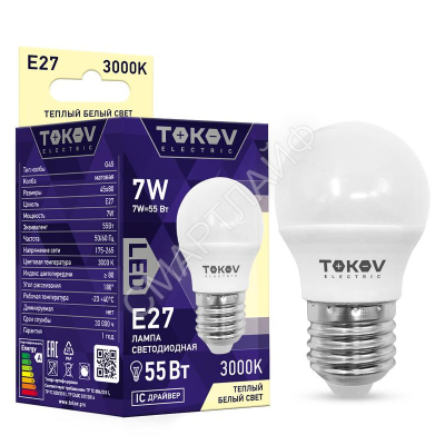 Лампа светодиодная 7Вт G45 3000К Е27 176-264В TOKOV ELECTRIC TKE-G45-E27-7-3K - Интернет-магазин СМАРТЛАЙФ