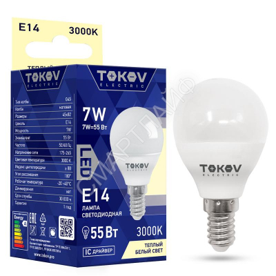 Лампа светодиодная 7Вт G45 3000К Е14 176-264В TOKOV ELECTRIC TKE-G45-E14-7-3K - Интернет-магазин СМАРТЛАЙФ