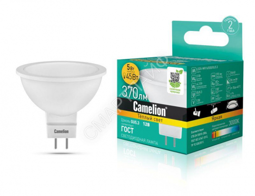 Лампа светодиодная LED5-MR16/830/GU5.3 5Вт 3000К тепл. бел. GU5.3 370лм 12В Camelion 12025 - Интернет-магазин СМАРТЛАЙФ